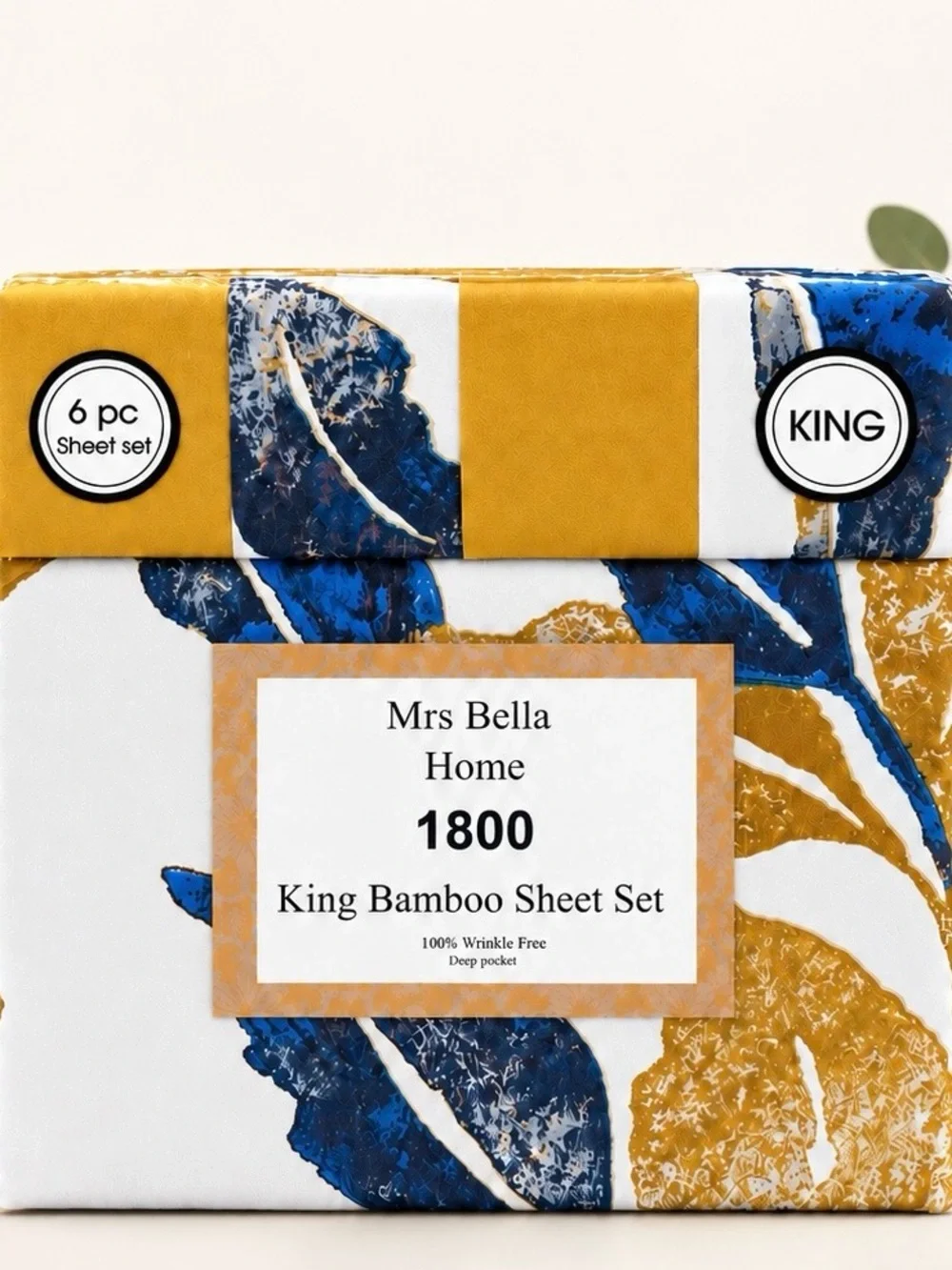 King Bamboo Sheet Set - Mustard & Blue Leaf